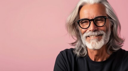 Fototapeta na wymiar A man with a gray beard and long gray hair wearing glasses smiling and dressed in a black shirt against a pink background.