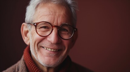 A jovial elderly man with white hair wearing glasses and a brown sweater smiling warmly at the camera.