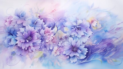 Softly Blended Hues, Purple and Blue Watercolor Painting of Flowers, Resembling Oil Paintings