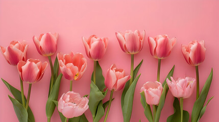 Pink opened tulips lying in the row. Romantic St Valentine's background. High quality
