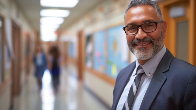 School principal in a bustling school corridor