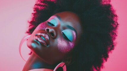 An enchanting portrait capturing the beauty of a cheerful afro woman adorned in pastel-colored attire and glittering makeup against a soft background.