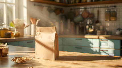 Fototapeta na wymiar A mockup of kraft paper packaging on the kitchen table sunny day. High-resolution
