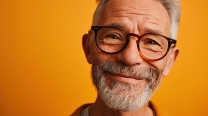 A happy older man with a gray beard and glasses smiling against a warm orange background.