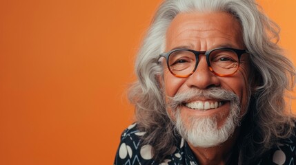 Smiling man with white hair and beard wearing glasses and a patterned shirt against an orange background.