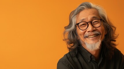 The image is a portrait of an older man with a beard and mustache smiling warmly at the camera. He has gray hair and is wearing glasses. The background is a solid warm orange color. - Powered by Adobe