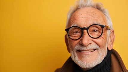 A cheerful elderly man with white hair and a beard wearing round glasses and a brown jacket smiling against a yellow background. - 731170794