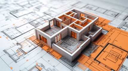 3d rendering project of new building model house on blueprint plan