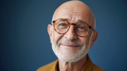 Obraz premium Smiling elderly man with glasses and white beard against blue background.