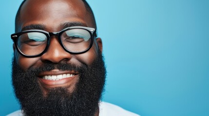 Smiling man with glasses and beard against blue background. - 731171196
