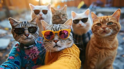 cats portrait with sunglasses Funny animals in a group together looking at the camera wearing clothes having fun together taking a selfie