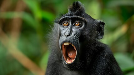 Obraz premium Celebes crested macaque with open mouthclose up portrait on the green natural background