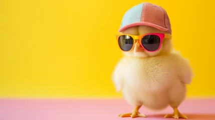 Deurstickers cute young fluffy Easter chick baby with cap and sunglasses © Wolfilser