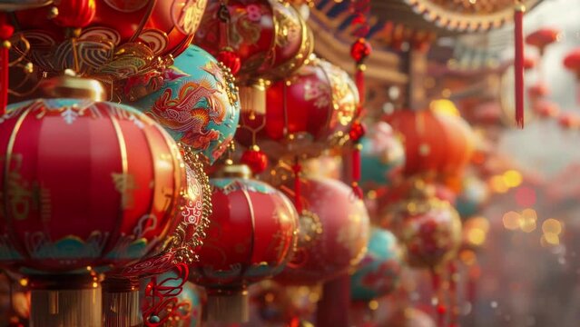 Chinese New Year lantern decorations on the temple grounds