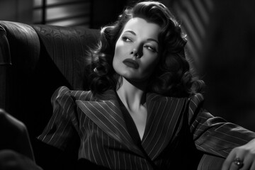 a black and white photograph of a female character from a film noir scene - 731171764