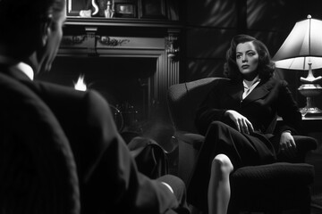 a black and white photograph of a female character from a film noir scene - 731171787