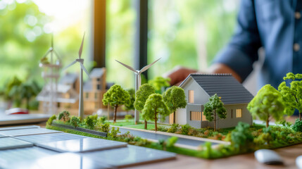 Investors presenting innovative home project models using alternative energy, Using wind turbines and solar cells along with trees and river around the project.