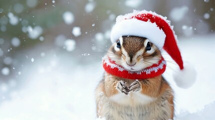 Chipmunk in snow with winter clothes like Santa Claus Christmas style hat and sweater