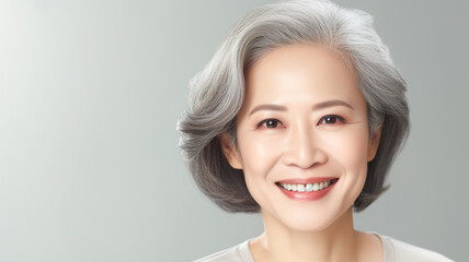 Portrait of a asian elegant fifty year old woman standing isolated over grey background. Mature old...