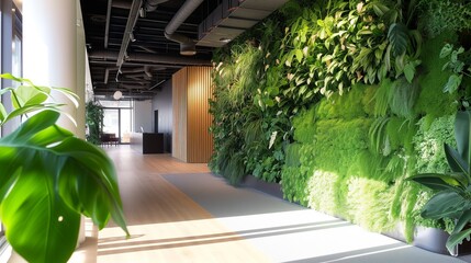 Modern office interior boasting a lush green living wall, incorporating sustainable design with vibrant flora and fauna, reflecting a nature-friendly company ethos.
