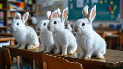 Class of cute white grey rabbits sitting at their desks sitting at a lesson at school