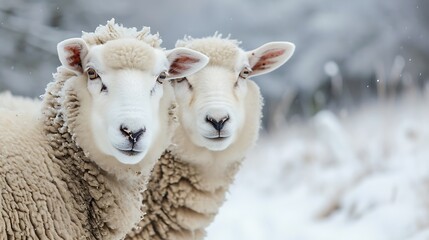 Close-up portrait of two sheep on a snowy meadow in winter looking