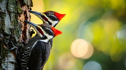 Close-up of pileated woodpeckers on tree trunk - obrazy, fototapety, plakaty