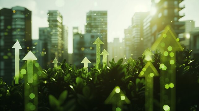 Green and sustainable development in the business sector, showcasing upward arrows symbolizing the growth and positive impact of environmental, social, and governance (ESG) practices.