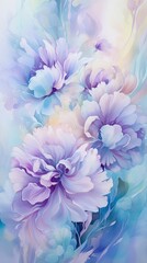 Softly Blended Hues, Purple and Blue Watercolor Painting of Flowers, Resembling Oil Paintings