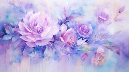 Softly Blended Hues, Purple and Blue Watercolor Painting of Flowers, Resembling Oil Paintings