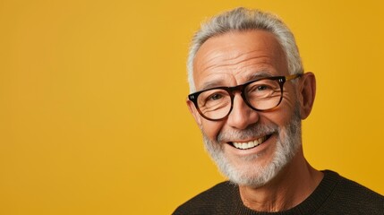 Obraz premium Smiling older man with white beard and glasses wearing black sweater against yellow background.