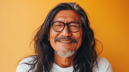 Smiling Asian man with long hair and glasses against a yellow background.
