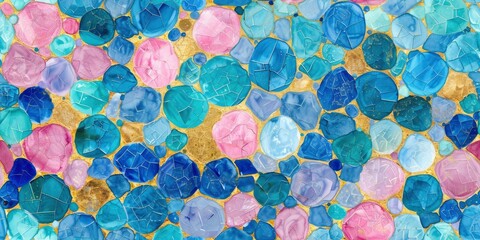 Watercolor Abstract Flower Micro Mosaic, Royal Blues, Pink, and Metallic Gold.