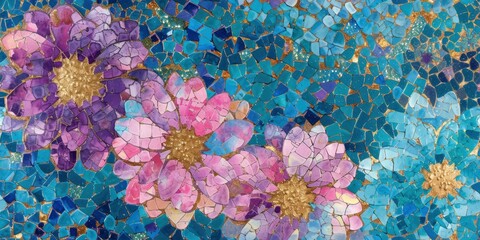 Fototapeta na wymiar Watercolor Abstract Flower Micro Mosaic, Royal Blues, Pink, and Metallic Gold.