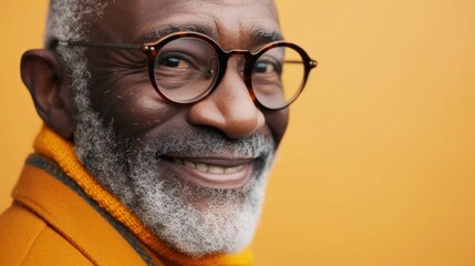 An elderly man with a white beard and mustache wearing glasses smiling warmly against a yellow...