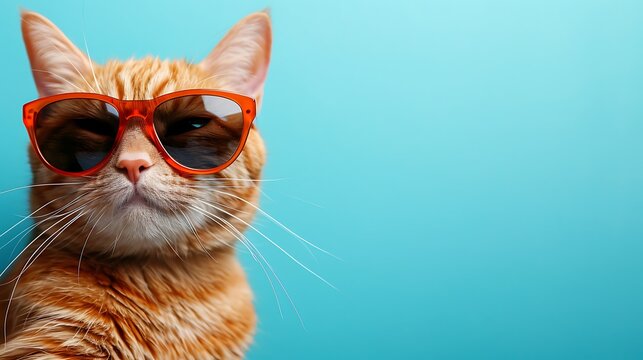 Closeup portrait of funny ginger cat wearing sunglasses isolated on light cyan