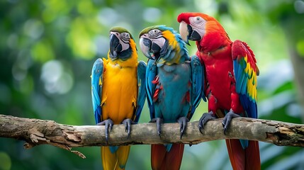 Colourful macaw parrots sitting on a tree branch in the rain forest
