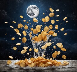 Crispy potato chips falling into a glass with planet earth in the background