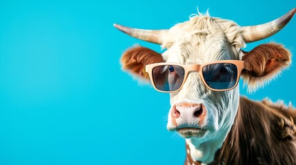 Cow wearing sunglasses in front of a blue background