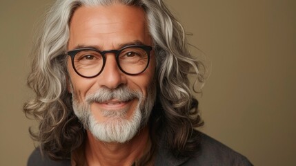 Gentleman with gray hair and beard wearing glasses smiling warmly.