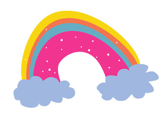 Hand drawn colorful rainbow and clouds. PNG illustration