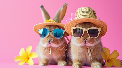 Obraz premium Cute and festive bunnies in hats and sunglasses celebrating summer on pink background