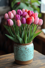 Beautiful colorful bouquet of tulips closeup. Vibrant pleasant warm colors.