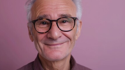 Old man with white hair and glasses smiling against a pink background.