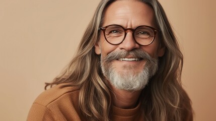 Smiling man with long gray hair beard and mustache wearing round glasses and a brown sweater against a beige background.