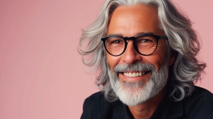 Smiling man with gray hair and beard wearing black glasses against pink background.