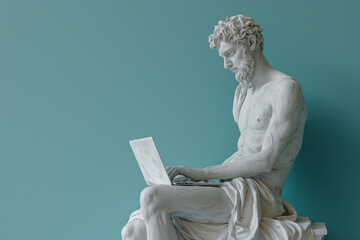 Modern art. Concept gypsum of Davids Man with laptop