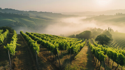 Rows of vines in vineyard, foggy sunrise - obrazy, fototapety, plakaty