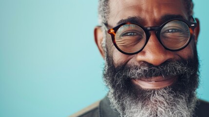 A smiling man wearing glasses and a blue shirt against a blue background.
