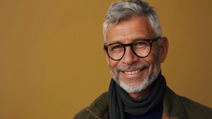 Smiling man with gray hair glasses and a beard wearing a dark scarf and a green jacket against a yellow background.